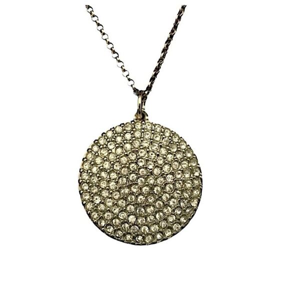 Gold Tone Double Layer Pavé Rhinestone Disc & Teardrop Charm Necklace Costume - Picture 2 of 4